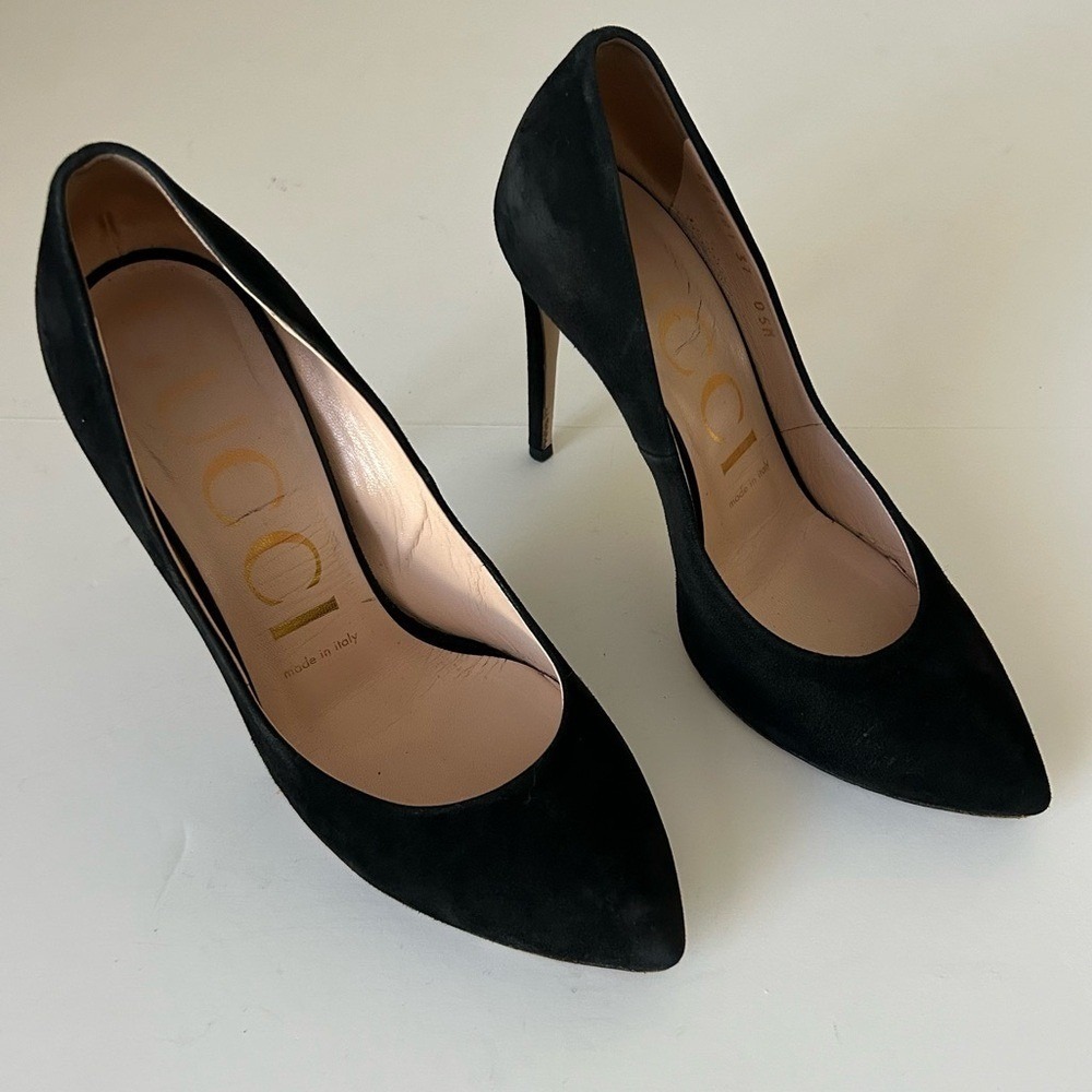 Gucci Black Leather Suede Sylvie Pumps Stiletto High Heel Shoe Size IT 36.5